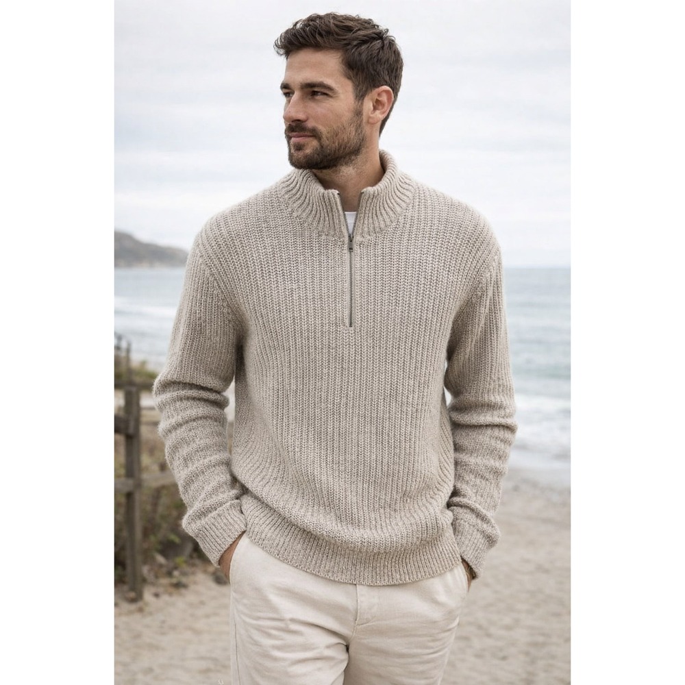 Banana Republic Men's Waffle 90's Quarter Zip Y2K Pullover Soft Sweater Tan L